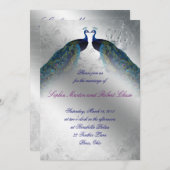 Peacock Wedding Invite Blue Silver Vintag Mod Einladung (Vorne/Hinten)