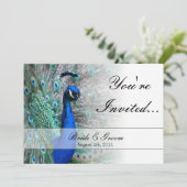 Peacock Wedding Theme 1 (blau) Einladung (Stehend Vorderseite)