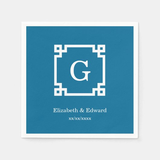 Peacock White Greece Key Gerahmt #2 Initial Monogr Serviette (Vorderseite)