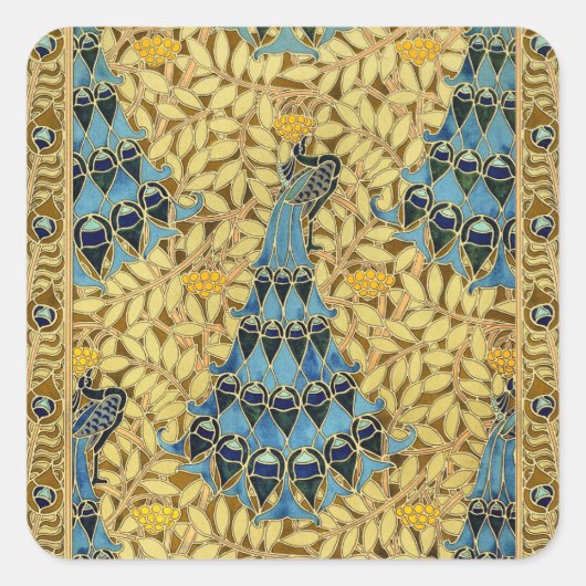 Peacocks Birds Rowan Trees Art Nouveau Quadratischer Aufkleber (Vorderseite)