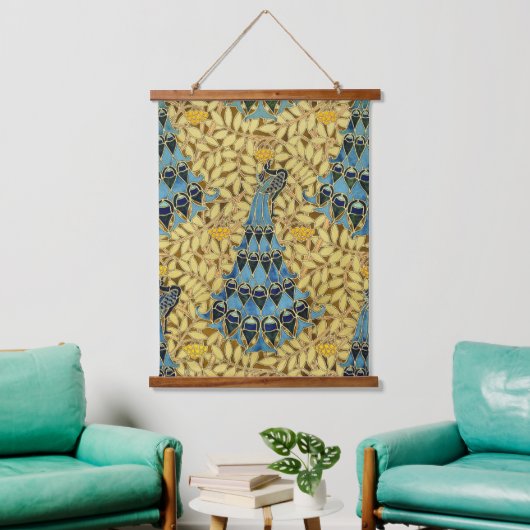 Peacocks Birds Rowan Trees Art Nouveau Wandteppich Mit Holzrahmen (Wohnzimmer)