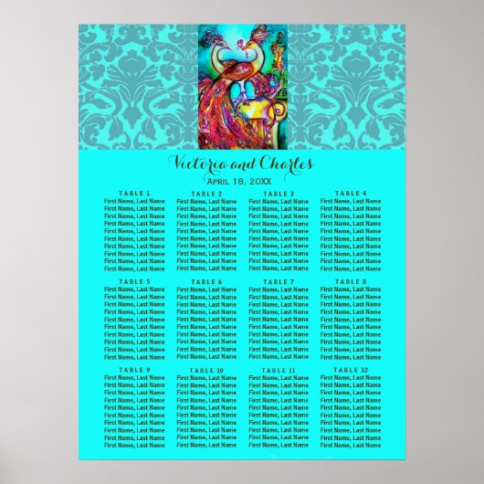 PEACOCKS Blue Damask Seating Chart der WEDD-LIEBE Poster (Vorne)
