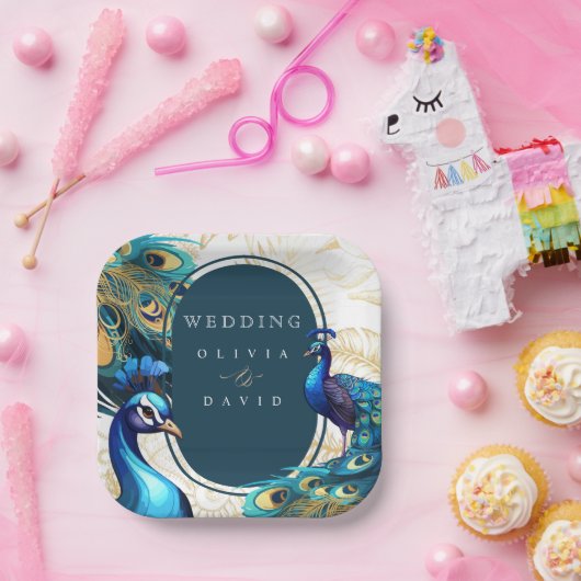 Peacocks Feathers Wedding Pappteller (Party)