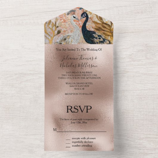 Peacocks Gold Blush Rose Hochzeit All In One Einladung (Innen Boden)