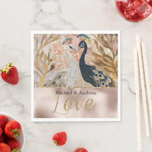 Peacocks Gold Glitzer Liebe Blush Rose Hochzeit Serviette