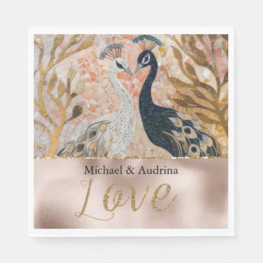 Peacocks Gold Glitzer Liebe Blush Rose Hochzeit Serviette (Vorderseite)