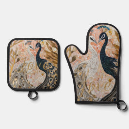 Peacocks Gold Glitzer Liebe Blush Rose Ofenhandschuh & Topflappen-Set