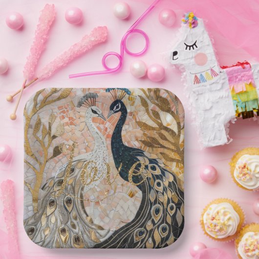 Peacocks Gold Glitzer Liebe Blush Rose Pappteller (Party)