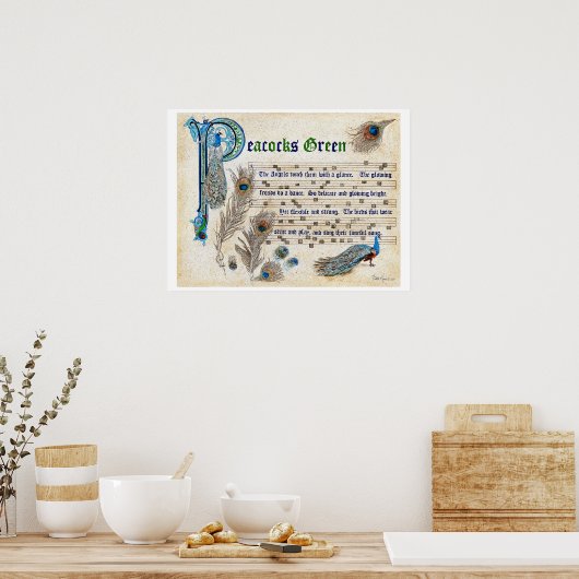 Peacocks Green Manuscript Poster (Küche)