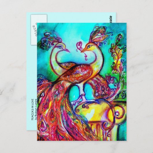 PEACOCKS IN LIEBE MONOGRAMM Rot-blaue Turquase grü Postkarte (Vorne/Hinten)