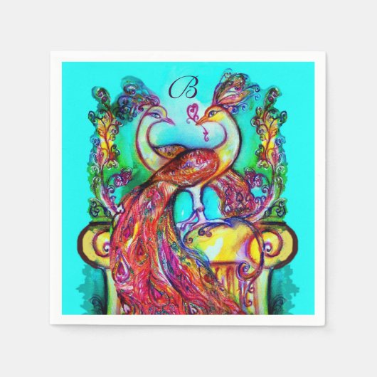 PEACOCKS IN LIEBE Red Aqua Blue Wedding Monogram Serviette (Vorderseite)