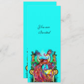 PEACOCKS IN LIEBE, Rot-Blau-Turquase grün Einladung (Vorne/Hinten)