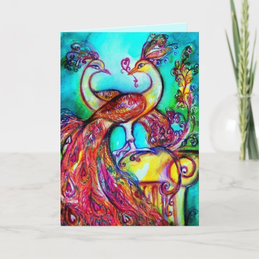 PEACOCKS IN LIEBE Rot-Blau-Turquase grün Karte (Vorderseite)