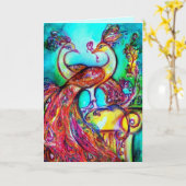 PEACOCKS IN LIEBE Rot-Blau-Turquase grün Karte (Gelbe Blume)