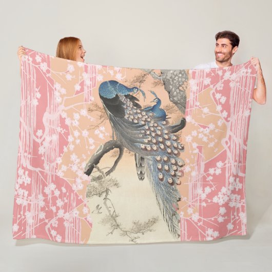PEACOCKS, PINK WHITE SAKURA BLUME Japanisch Blumen Fleecedecke (Beispiel)