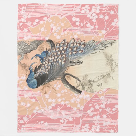 PEACOCKS, PINK WHITE SAKURA BLUME Japanisch Blumen Fleecedecke (Vorderseite)