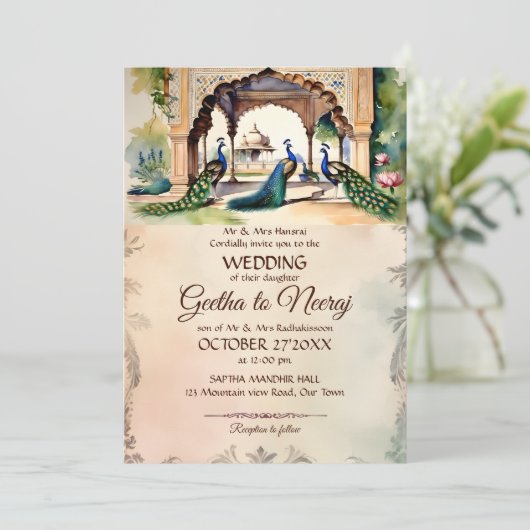 Peacocks Vintager Königsgarten Indische Hochzeit Einladung (Stehend Vorderseite)