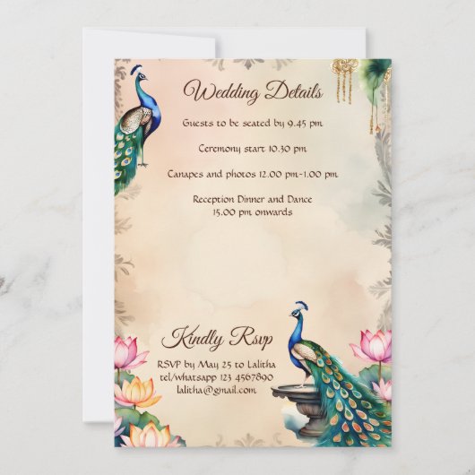 Peacocks Vintager Königsgarten Indische Hochzeit Einladung (Vorderseite)