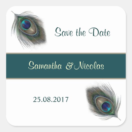 Peacok Feathers Hochzeitsticker Save the Date Quadratischer Aufkleber (Vorderseite)