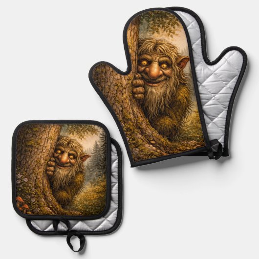 Peaking Norwegian Troll, Oven Mitt and Pot Holder Ofenhandschuh & Topflappen-Set (Vorderseite/Rückseite)