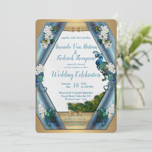 Peakocks & Smaragdgrüne Metallic Einladung (Stehend Vorderseite)