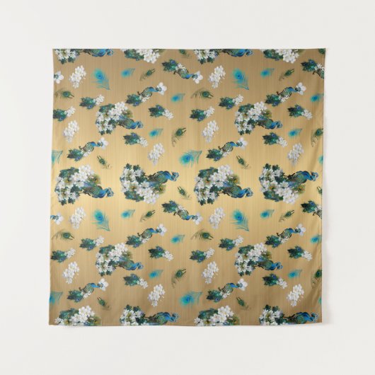 Peakocks und Federn auf Gold Fabric Print Wandteppich (Vorderseite (Horizontal))