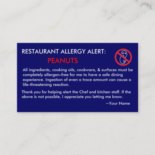 Peanut Allergy Restaurant & ICE Card - F/NB Visitenkarte (Vorderseite)