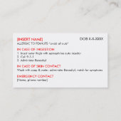 Peanut Allergy Restaurant & ICE Card Telefonnummerkarte (Rückseite)