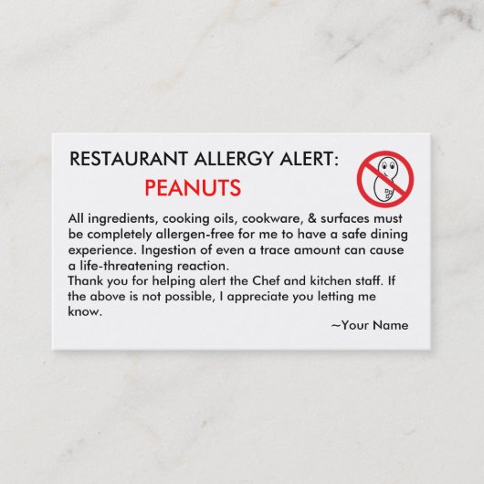 Peanut Allergy Restaurant & ICE Card Telefonnummerkarte (Vorderseite)