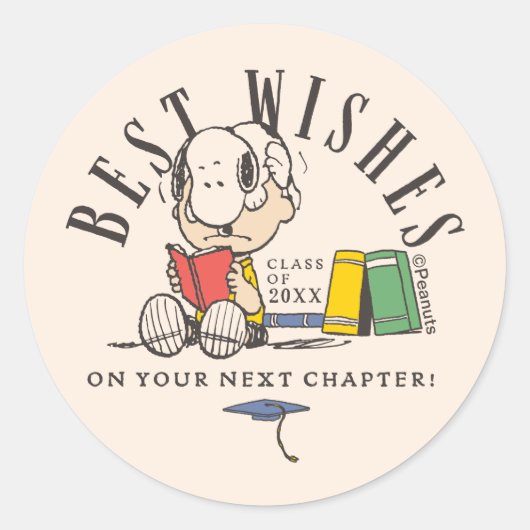 Peanuts Best Wishes Graduation Snoopy Reading Runder Aufkleber (Vorderseite)