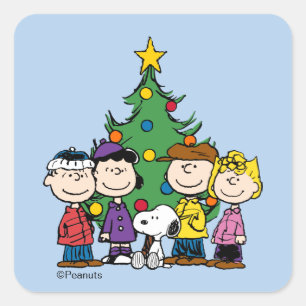Peanuts   Die Gang rund um den Weihnachtsbaum Quad Quadratischer Aufkleber