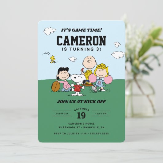 Peanuts | Fußball Geburtstag Einladung (Stehend Vorderseite)