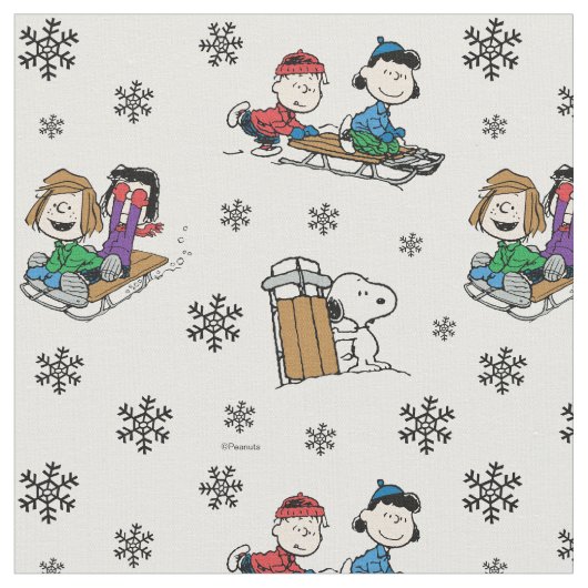 Peanuts Gang Sledding and Snowflakes Stoff (Nahaufnahme)