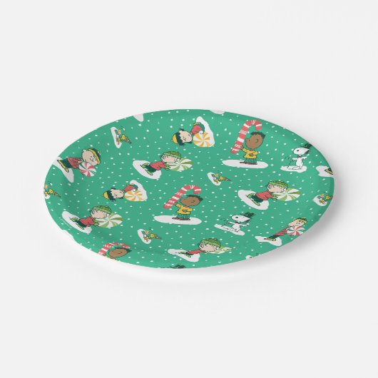 Peanuts Peppermint Träume Schneeflocken Muster Pappteller (Schrägansicht)