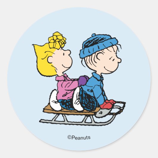 Peanuts | Sally & Linus Schlittenfahren Runder Aufkleber (Vorderseite)
