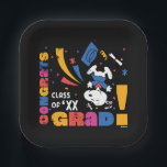 Peanuts Snoopy Congrats Grad Graduation Confetti Pappteller<br><div class="desc">Celebrate graduation in a bold and playful way with this vibrant Peanuts-inspired design bursting with color and excitement. Set against a dark background, the scene features a joyful beagle in a graduation cap surrounded by confetti, streamers, and dynamic shapes that bring energy to the moment. The bright, multicolored “Congrats Grad!”...</div>