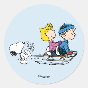 Peanuts Snoopy, Sally & Linus Schlittenfahren Runder Aufkleber