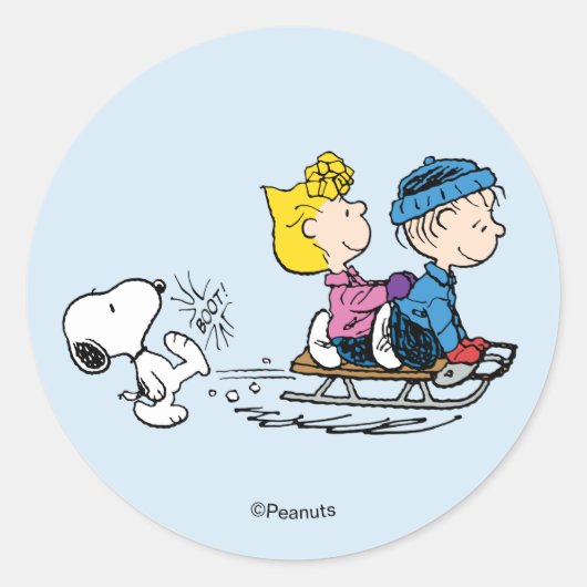 Peanuts | Snoopy, Sally & Linus Schlittenfahren Runder Aufkleber (Vorderseite)
