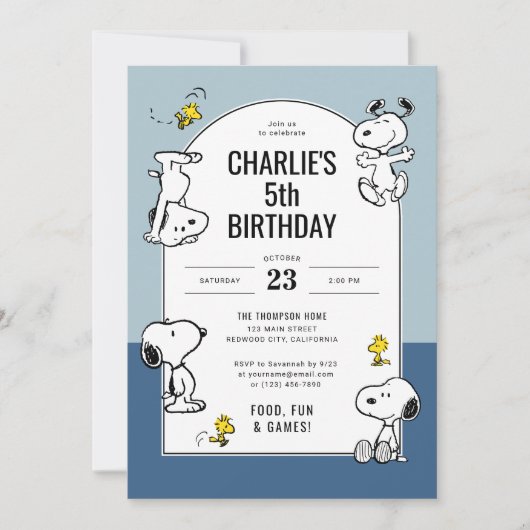 Peanuts Snoopy & Woodstock Blue Geburtstag Einladung (Vorderseite)