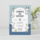 Peanuts Snoopy & Woodstock Blue Geburtstag Einladung (Stehend Vorderseite)