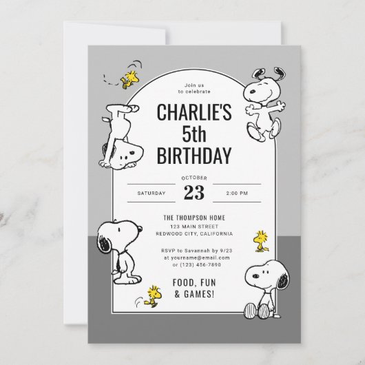 Peanuts Snoopy & Woodstock Grau Geburtstag Einladung (Vorderseite)