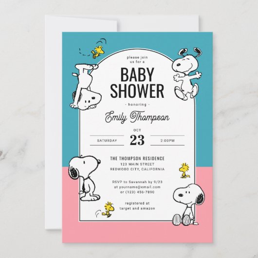 Peanuts Snoopy & Woodstock Pink & Blue Baby Dusche Einladung (Vorderseite)