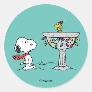 Peanuts   Snoopy & Woodstock verzierter Vogelbad Runder Aufkleber