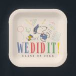 Peanuts Snoopy Woodstock We Did It Graduation Cap Pappteller<br><div class="desc">Celebrate a big milestone with this joyful and energetic Peanuts-inspired graduation design featuring a beloved beagle and his feathered friend dressed in classic caps and gowns. Surrounded by playful school-themed doodles like pencils, rulers, glasses, and diplomas, the scene captures the excitement of finishing school and stepping into a new chapter....</div>