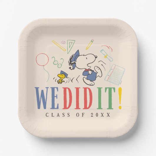 Peanuts Snoopy Woodstock We Did It Graduation Cap Pappteller (Vorderseite)