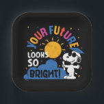 Peanuts Snoopy Your Future Looks So Bright Pappteller<br><div class="desc">Celebrate a bright and exciting new chapter with this cheerful Snoopy-inspired graduation design bursting with color and optimism. Set against a bold dark background, this playful artwork features a smiling beagle standing beside a vibrant golden sun rising over soft blue hills, symbolizing new beginnings and endless possibilities. Colorful confetti scatters...</div>