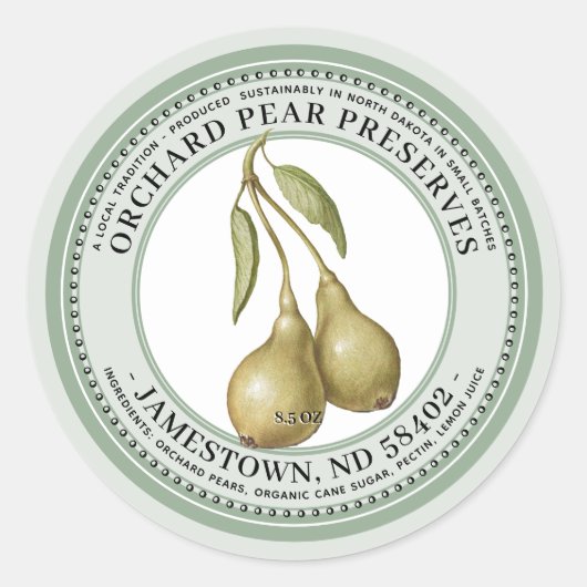 Pear Preserve Label Jam Jelly 1930 Grün Runder Aufkleber (Vorderseite)