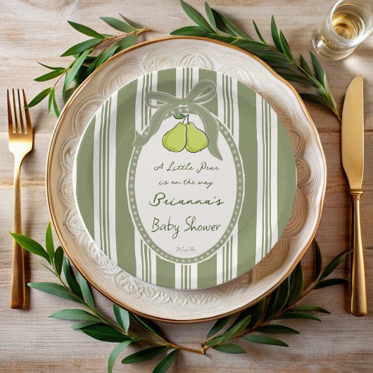 Pear sage green retro stripes baby shower custom pappteller