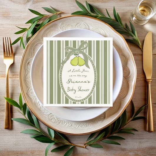 Pear sage green retro stripes baby shower custom serviette