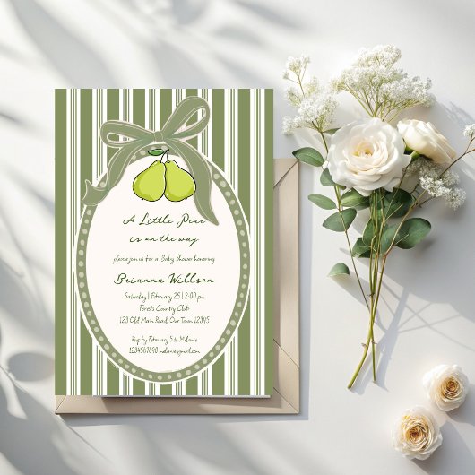 Pear sage green retro stripes baby shower einladung